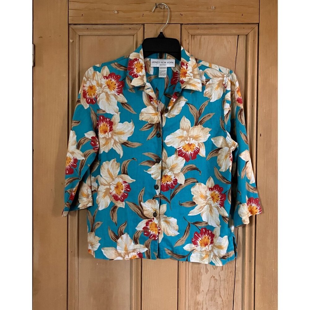Jones New York Vintage 90s Floral Linen Hawaiian Shirt Small Petite Blue SP EXC